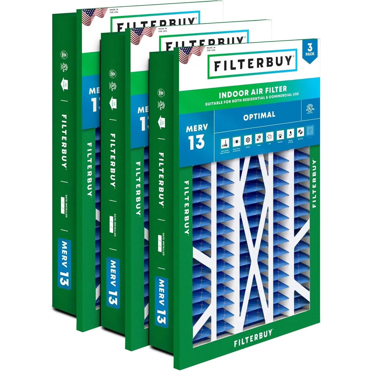Filterbuy 20x30x5 Durable Eco-Friendly Replacement Air Filter (3-Pack Value), Electrostatically Charged Pleated MERV 13 for Honeywell HVAC AC Furnace Return Grille, Endures Temperatures Up to 200°F, New