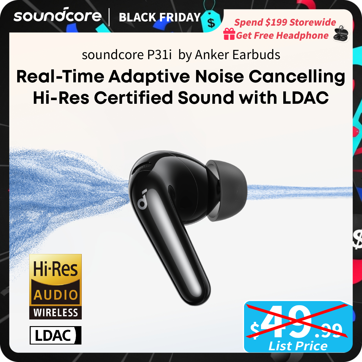 [TikTokShopBlackFriday] soundcore P31i Earbuds by anker with Adaptive Noise Cancelling, Hi-Res Audio, Translation, 50H Battery Life, Fast Charging, IP