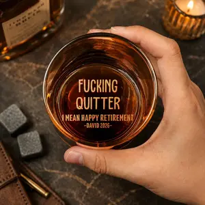 F**King Quitter Oops I Mean Happy Retirement High quality laser engraved whiskey glasses, Personalize your handwriting Gifts for couples, Home Decor & Gifts, Halloween, Funny gift for men and women, Drinkware
