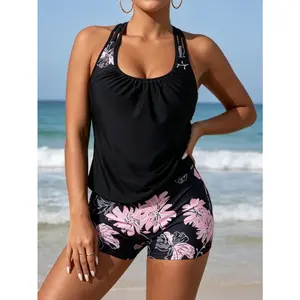 2026 Women's Blouson Tankini, Black Top with Pink Floral Bottom, Racerback Design, High Elasticity, Slim Fit, Perfect for Swimming, Sunbathing and Resort Wear