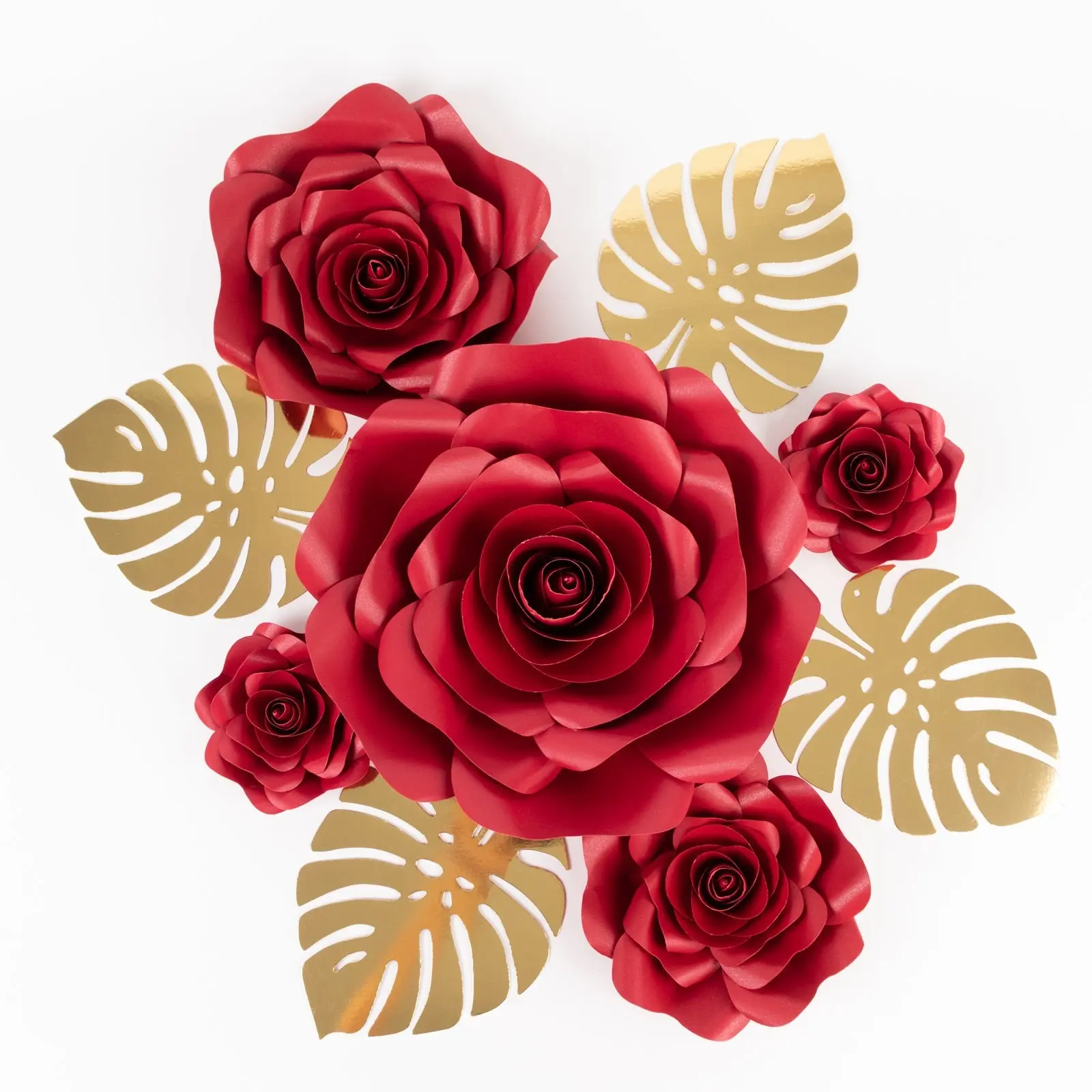9-Piece Red 3D Fake Silk Roses Decorative Hanging Artificial Flowers with Gold Monstera Leaves - Floral Decor, Baby Shower Ready for Nursery Backdrop, Anniversary & Birthday Interior Ceiling Wall Decor, Decorative Flowers, Ceiling Hanging