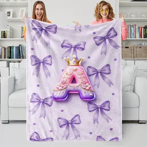 Alphabet Printed Flannel Sofa Blanket, Dreamy Princess Style Alphabet Purple Bow Customized Blanket For Sofa, Bedroom and Travel, Soft and Comfortable For All Seasons