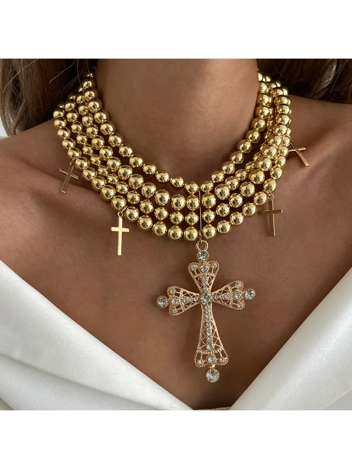 European and American cross-border lightweight luxury-style rhinestone-encrusted cross multi-layer necklace, distinctive and bold in style, featuring CCB round beads, Fashion Jewelry Accessories, Rhinestone Decorated Necklace