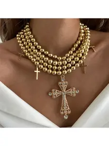 European and American cross-border lightweight luxury-style rhinestone-encrusted cross multi-layer necklace, distinctive and bold in style, featuring CCB round beads.