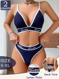 2-Piece Set of Women's Solid Color Lingerie Sets, Comfortable and Soft Wireless Bras and Thongs, Four-season Women's Underwear and Panty sets, Solid Brami Tank, Soft Panties, Underwear Undergarments, Under Clothing