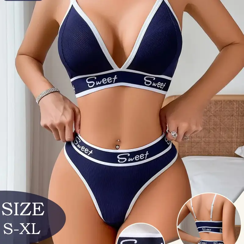 2-Piece Set of Women's Solid Color Lingerie Sets, Comfortable and Soft Wireless Bras and Thongs, Four-season Women's Underwear and Panty sets, Solid Brami Tank, Soft Panties, Underwear Undergarments, Inner Wear