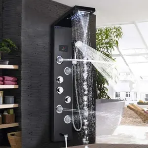 Shower Panels Tower System, 304 Stainless Steel Bathroom Shower Panel System with 4 Body Jets, Rainfall, Waterfall, Handheld Shower, Tub Faucet (Black, Brushed Nickel)