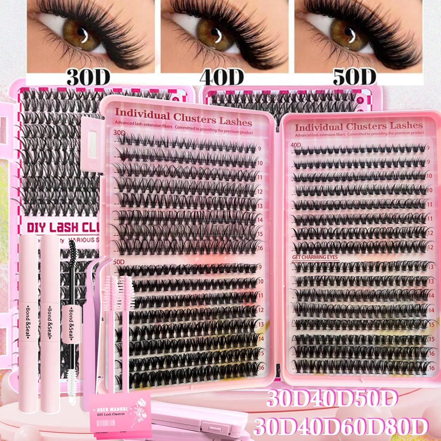 Individual False Eyelashes Kit, 1 Set Mixed Length Eyelash Extension Kit with Lashes Glue & Tweezers & Brushes, Natural Look Lash Clusters Kit, Individual Lash Extensions, DIY Volume Eyelashes, Diy Dramatic Lashes