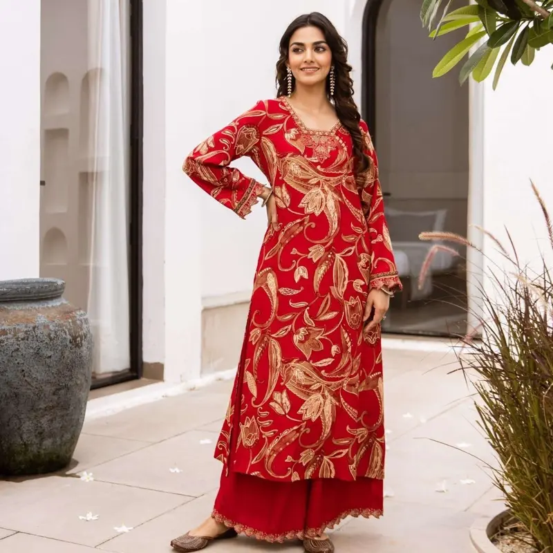 MODERN GERMAN RAYON FULLY STITCH 2pcs CO-ORD SET with Gold Embroidery for Stylish Outfits in Sizes M to 3XL Printed long Straight Kurta with Palazzo Set