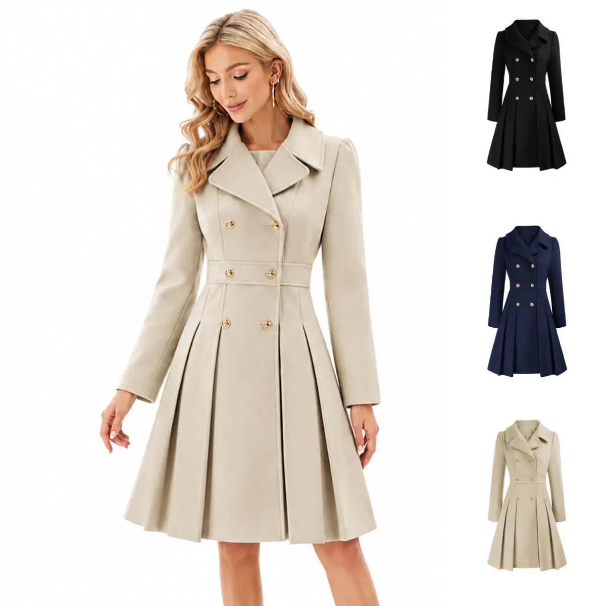 SCUSTY 2026 Womens Fashion Wool Blend Trench Coat Notch Lapel Double Breasted Thick A‑Line Slim Flared Pleated Peacoat Jacket With Pockets
