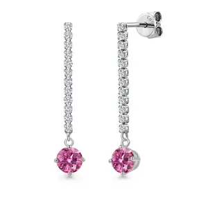 14K White Gold Pink Moissanite and White Lab Grown Diamond Long Liner Dangle Earrings for Women | 1.36 Cttw | Gemstone Birthstone | Round 5MM | White Gold Chain Drop Earrings