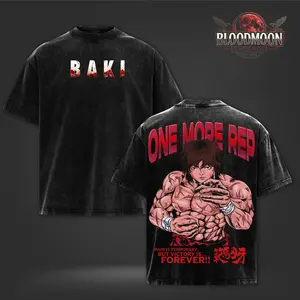 Baki Hanma “One More Rep” Vintage Washed Oversize Heavyweight Cotton Graphic T-Shirt Anime Fighter Back Print Edition Unisex
