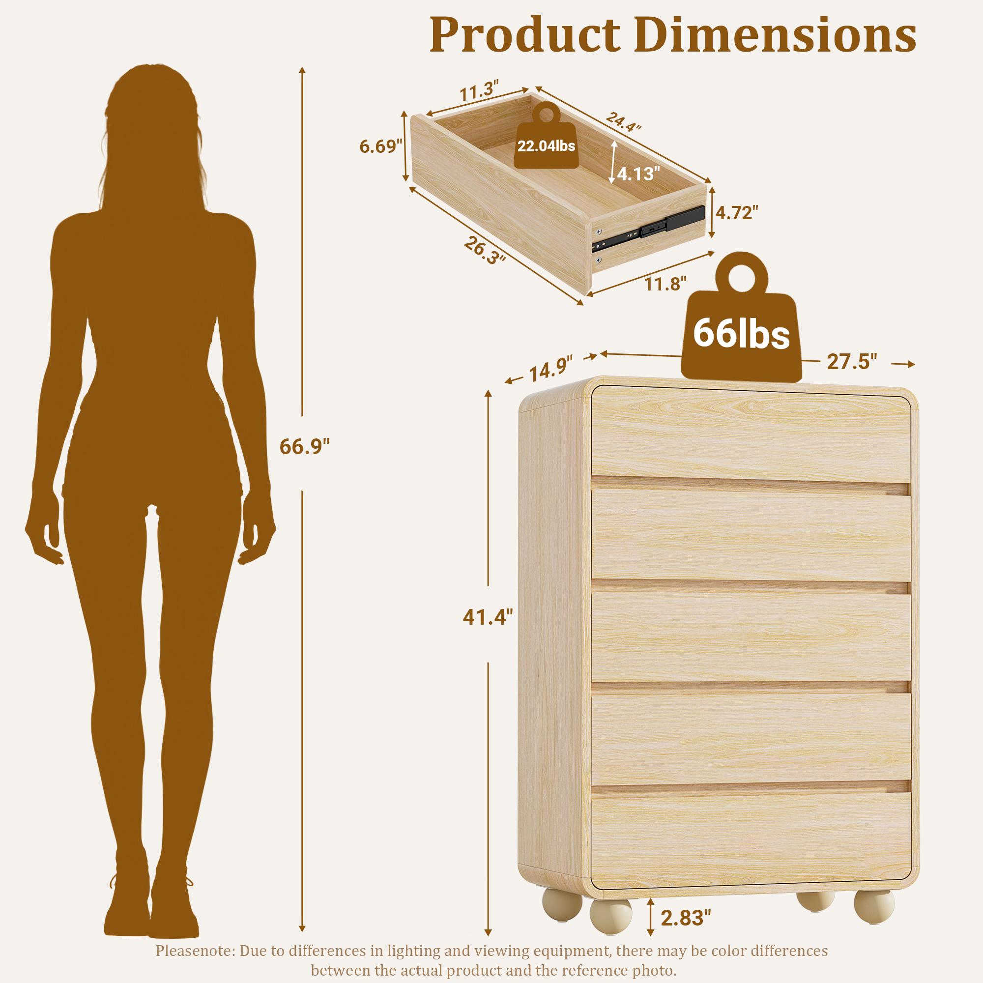 Aowos Modern 5 Drawers Dresser for Bedroom, 41" Tall Wood Fluted Dressers & Chests of Drawers with Curved Profile Design for Bedroom, Living Room, Wood, Natural, Black, White