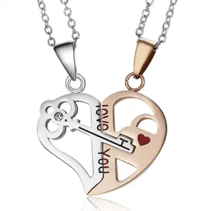 Stainless Steelspliced Heart-Shaped Electroplatedengraved  Couple Pendant Necklace, Letter Design Couple Accessory for Women & Men, Trendy All-match & Exquisite Jewelry for Birthday Gift