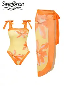 Briza｜Tie Shoulder One Piece Swimsuit In Yellow Orange Floral With Swimsuit Cover Up For Women And Bathing Suit Cover Ups As A Bathing Suit And Swimsuit For Women For Resort Ready Vacation Swimwear For Women And Cute Swimsuits For Women
