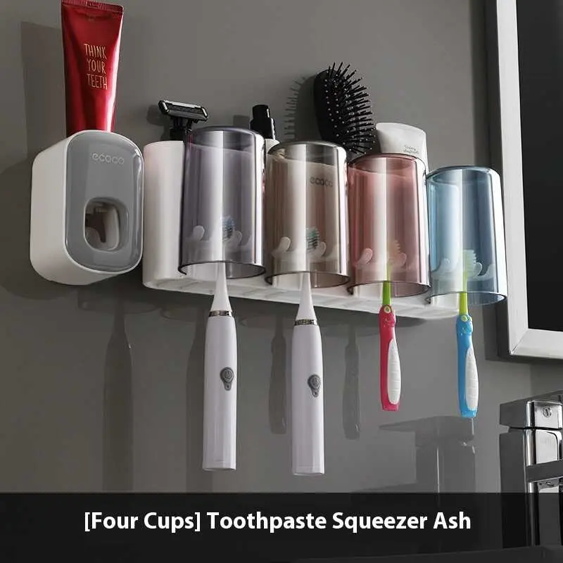 Four cup toothbrush holder gray white toothpaste