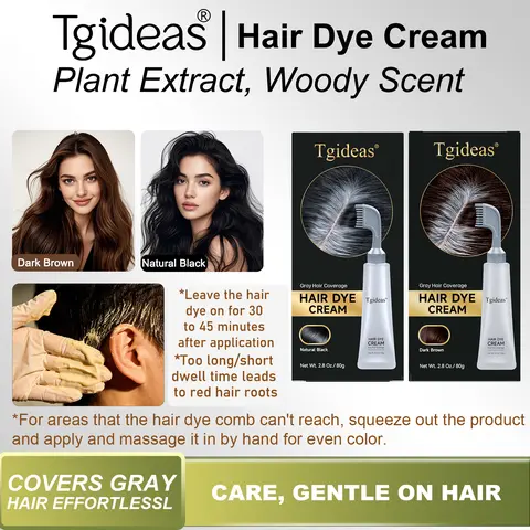 Tgideas Hair Dye Comb & Cream Kit - Portable Home Haircare, Hyaluronic A., 100% Gray Coverage, Alternative Permanent Color, Black Shades, 1 Box + Tools