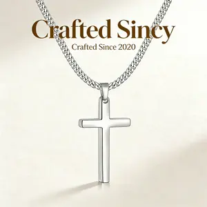 Stainless steel cross necklace jewelry gift for men and women, silver necklace, 3 mm, non-fading sturdy Cuban chain, with cross pendant, 20 inches