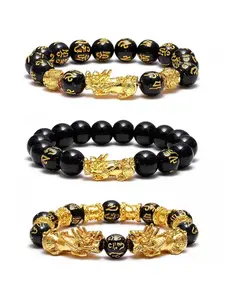 1pc/3pcs Feng Shui Bracelets For Men Women Good Luck Black Obsidian Pixiu Beads Lucky Bracelet Dragon Attract Wealth Money Fortune Pi Yao Jewelry