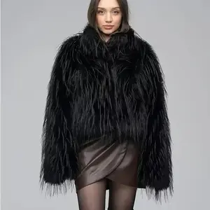 Women's Elegant Shaggy Long Sleeve Coat, Luxurious Plush Winter Jacket, Soft Warm Outerwear for Cold Weather, baddie  winter  fit Chic Cozy Fall Winter Womenswear Black White S-XL