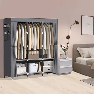 Wardrobe Closet,Portable Closet for Bedroom Steel Pipe Diameter 19mm Strong and Sturdy Grey Portable Closets for Hanging Clothes with 3 Hanging rods, 6 Storage Shelves and Side Pockets