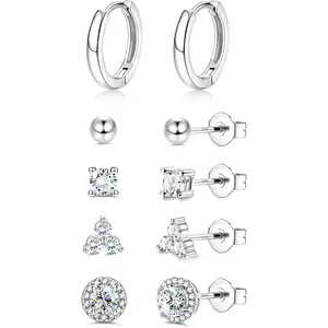 Women's 5-Pair Hypoallergenic White Gold-Plated Silver Set - Square Studs, Hoop Sets, Cute Stacks, Silver Posts, for Daily Wear, Multiple Piercings, Square Stud Earrings, Hoop Earring Sets