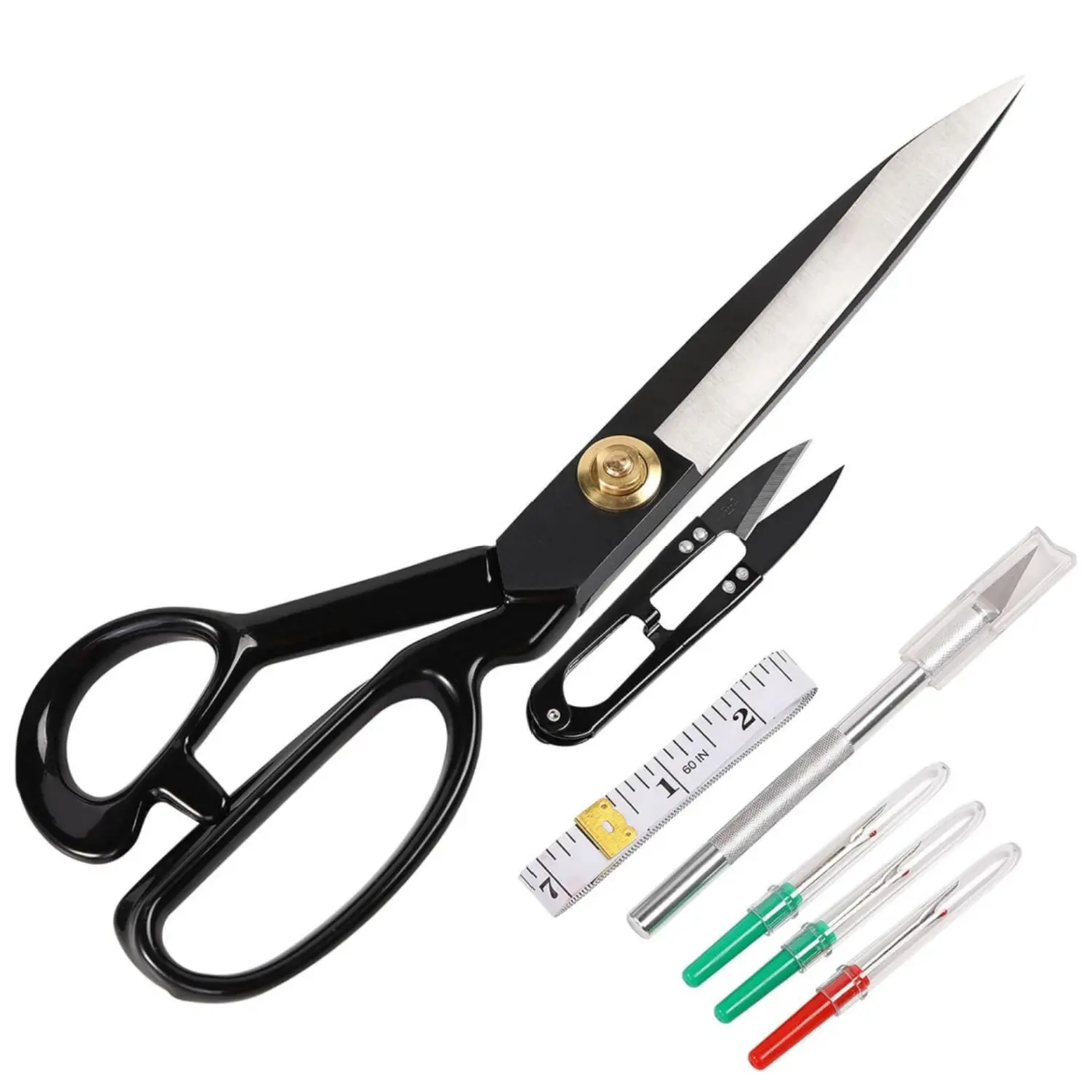 10-in Heavy Duty Professional Tailor Scissors - Ergonomic Industrial Sharp Shears with Sewing Supplies Crafts Set, Tape Measure for Leather, Crafting & Home Kitchen Use