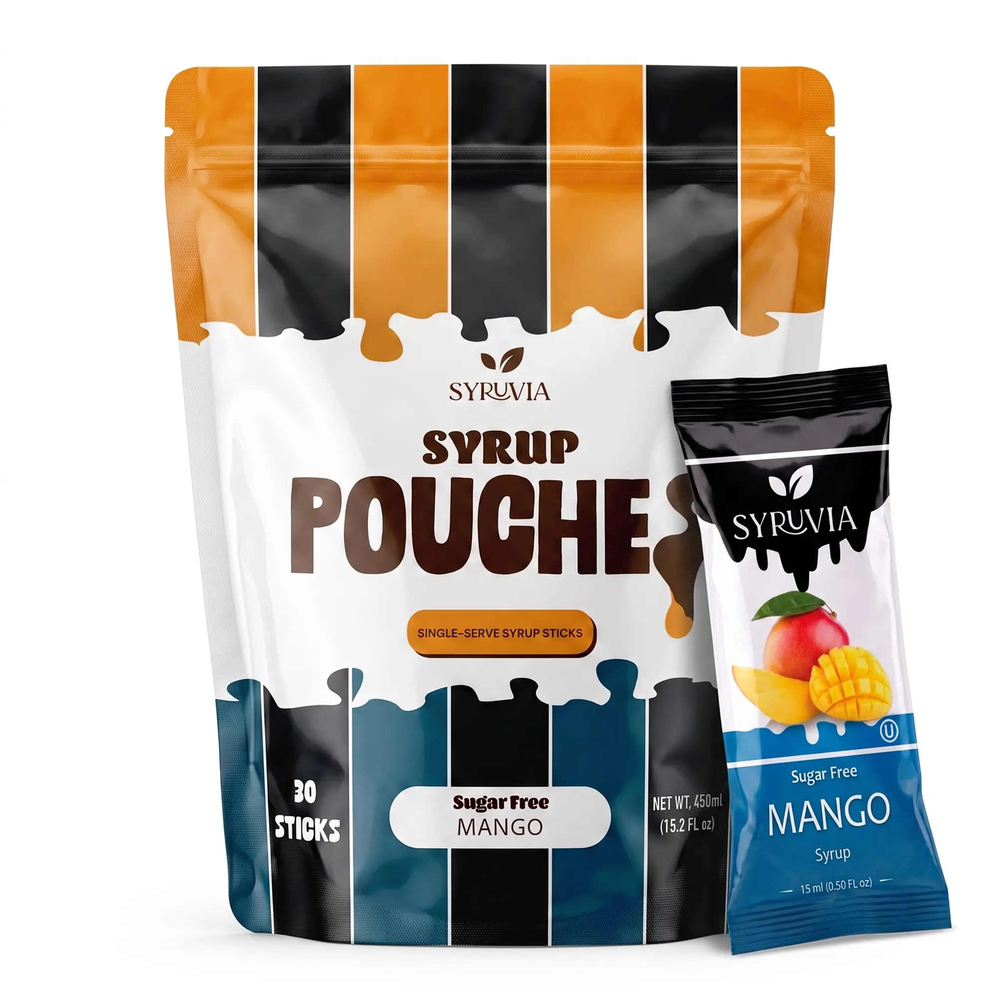 Syruvia Sugar Free Mango Syrup Pouches, Fruity Syrup Sticks for Cocktails, Fruit Drinks, Lemonades & Desserts, 30 Count (15 mL Each)