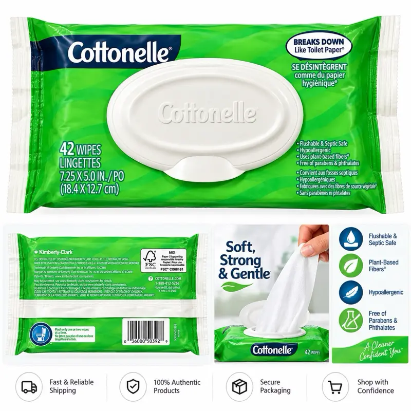 Cottonelle Flushable Wet Wipes, 42 Count, Hypoallergenic, Septic Safe, Plant-Based Fibers