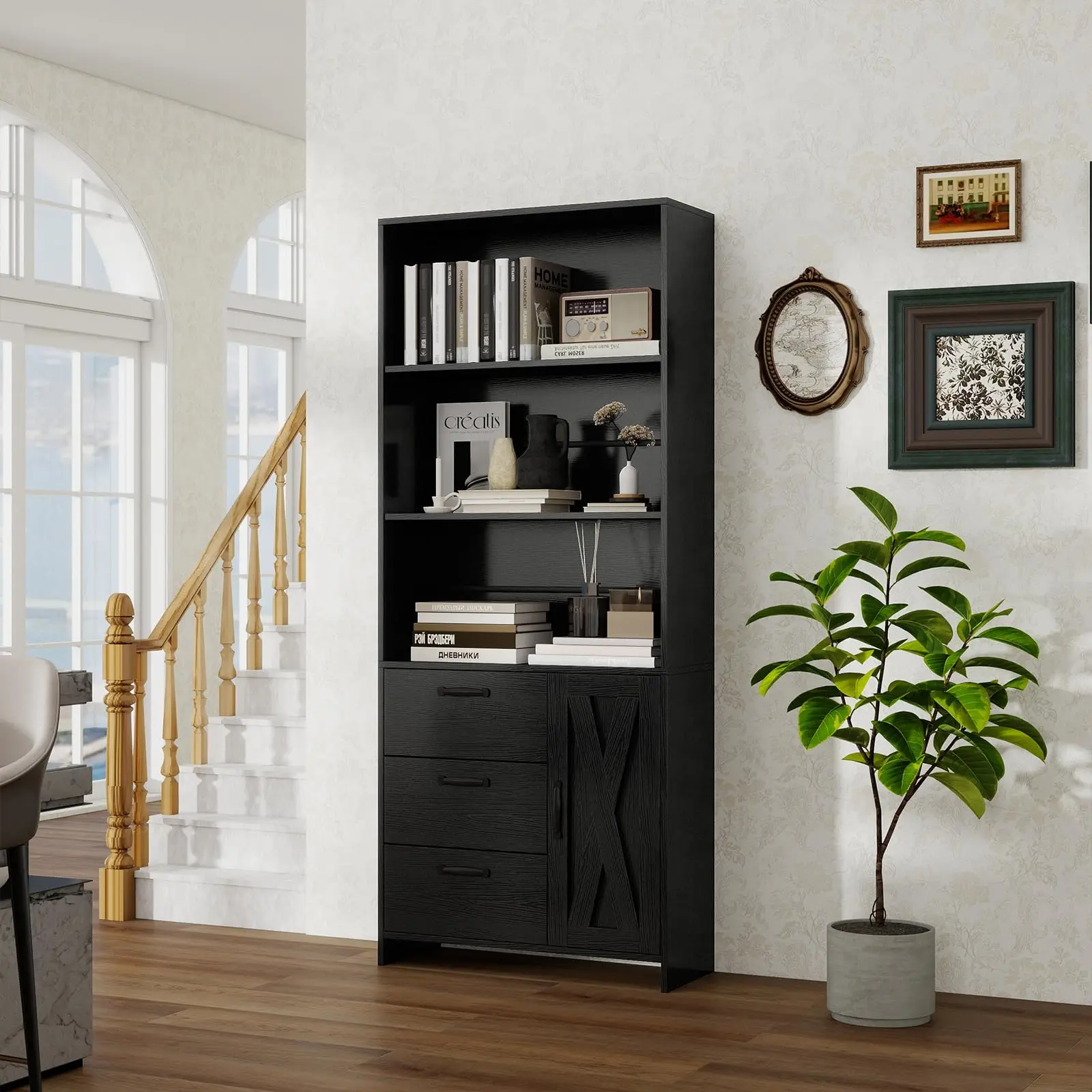 Garvee 6-Tier Bookshelf with Door and 3 Drawers, 71" H Tall Bookcase with 3-Tier Open Shelves, Wooden Book Shelf with Storage Cabinet for Home Office, Living Room, Bedroom, Black