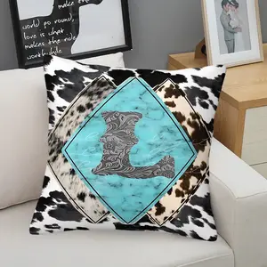 Turquoise Diamond-Shaped Throw Pillow featuring Intricate Black & White Monogram, Stylish Cowhide Patterns, Decorative Cushion for Bedroom & Sofa, Unique Digital Print Design, Cozy Home Decor Includes Pillow Insert