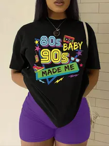 Women's Figure & Letter Print Drop Shoulder Fitted Tee, Streetwear Street Fashion Casual Short Sleeve Round Neck T-Shirt for Daily Holiday Vacation Outdoor Wear, Ladies Clothes for Summer, Summer Clothes, Womenswear