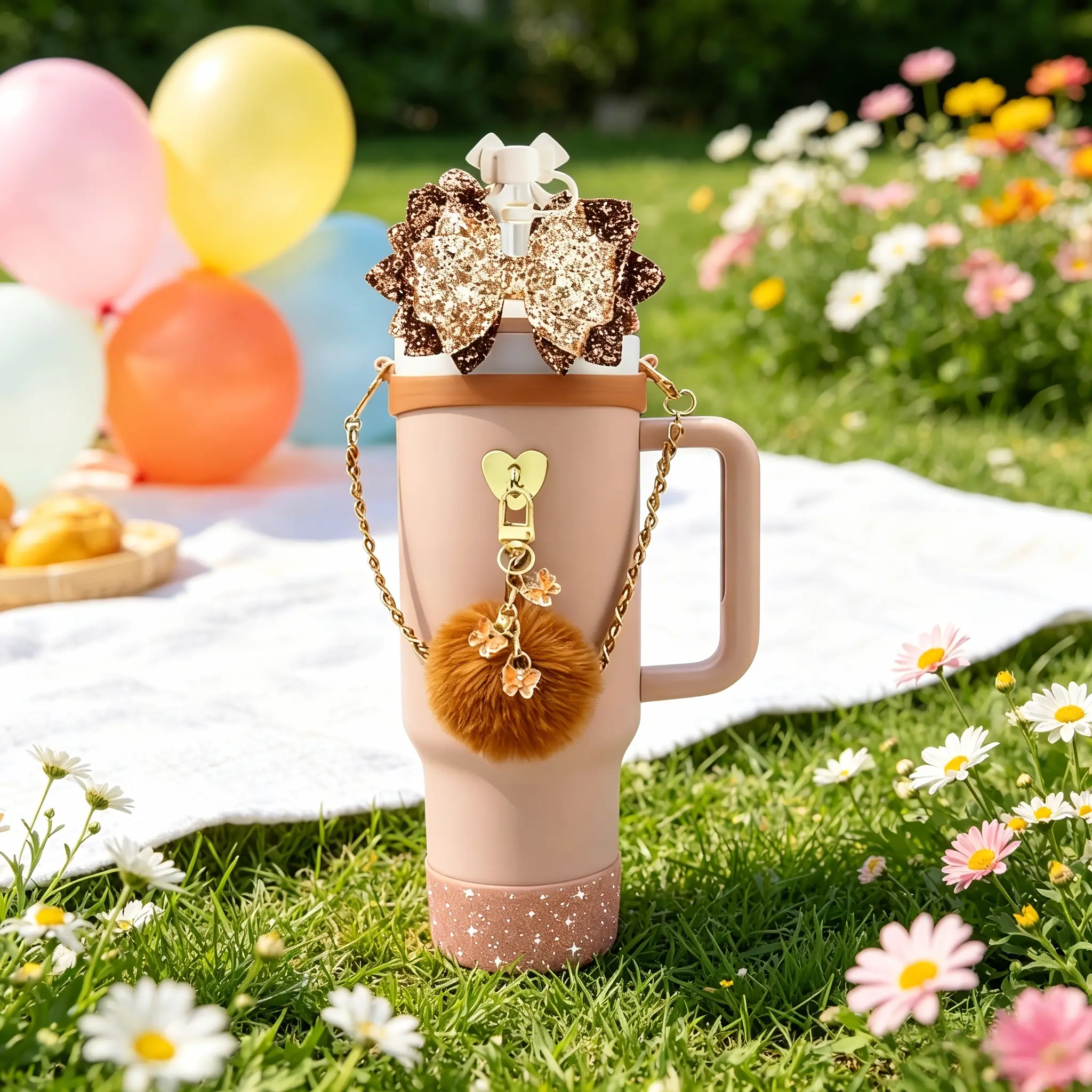 Compatible for 30oz & 40oz Tumblers Bling Cup Accessories with Silicone Straw Topper Cover, Cute Bow Boot & Handle Strap - Straw Lid Cover, Boot, Handle for Water Bottle Charms Suitable for, Cup Accessories (No Cup)