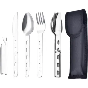 4-in-1 Camping Spoon Fork Knife Combos Set of 4 - Portable Stainless Steel Flatware Spoon Fork kit - forks Knife & Bottle Opener Combo Pack for Picnic Hiking Travel