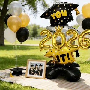 Giant Standable Graduation Balloons – Set of 2 Doctoral Cap Base Foil Balloons, 2026 University Grad Decor, Indoor/Outdoor Photo Backdrop for Graduation Party Celebration