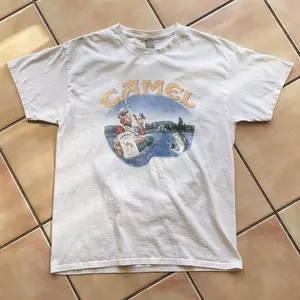 Camel Smoking Joe Fly Fishing White Tee, Vintage Promo Tee From The 90s Y2k Era,  Tops Womenswear Crewneck