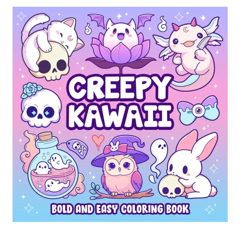 Leriza May Creepy Kawaii Pastel Goth Coloring Book - 8.5x8.5" English Adult Paperback Activity Book, Cute-Creepy Mix, Cute and Spooky, 50 Unique Coloring Pages, Bold Simple Artwork, Adventure-Themed Resource