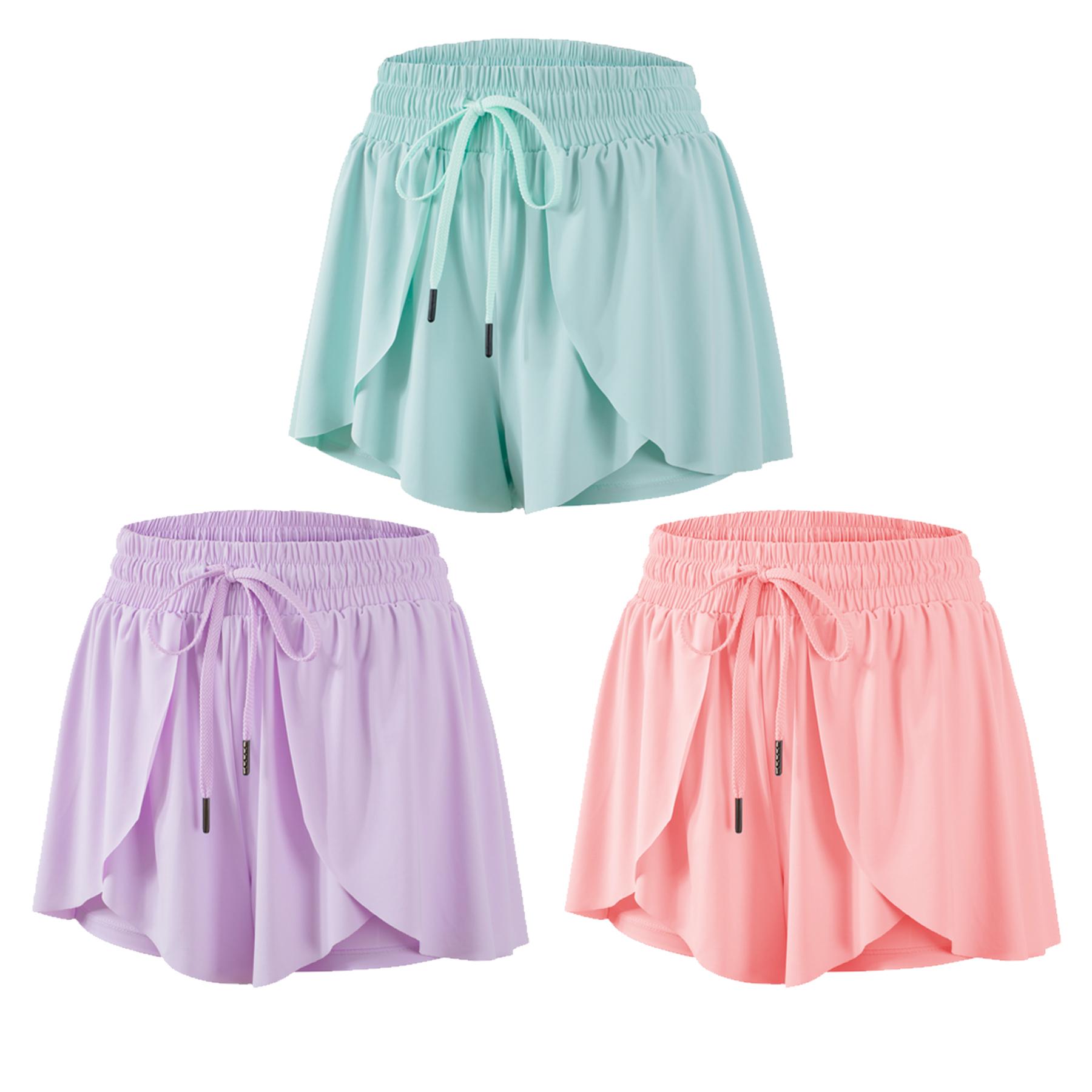 3 Pcs/Set Butterfly Flowy 2 in 1 High-Waisted Women's Shorts with Pocket - Comfy Spandex Athletic Wear for Yoga Running Gym Lounge Summer