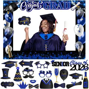 Graduation Photo Booth Props-Blue Class of 2026 Graduation Party Decorations,Congrats Grad Booth Frame and Grad Photo Props with Sticks for Graduation Party Favors Supplies Decorations (Blue)