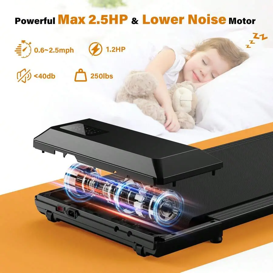2.25HP 2-In-1 Under Desk Walking Pad - 0.6-3.7MPH Speed + 5-Layer Shock-Absorbing Belt. 300LBS Capacity, Remote Control, Silent Portable for Home Daily Exercise (Black).
