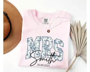 Women's Custom Mrs. Blue Toile Cotton Sleeveless Casual Fit Bridal Party Lady Top Tshirt - Custom Name via Message, Women's Clothes