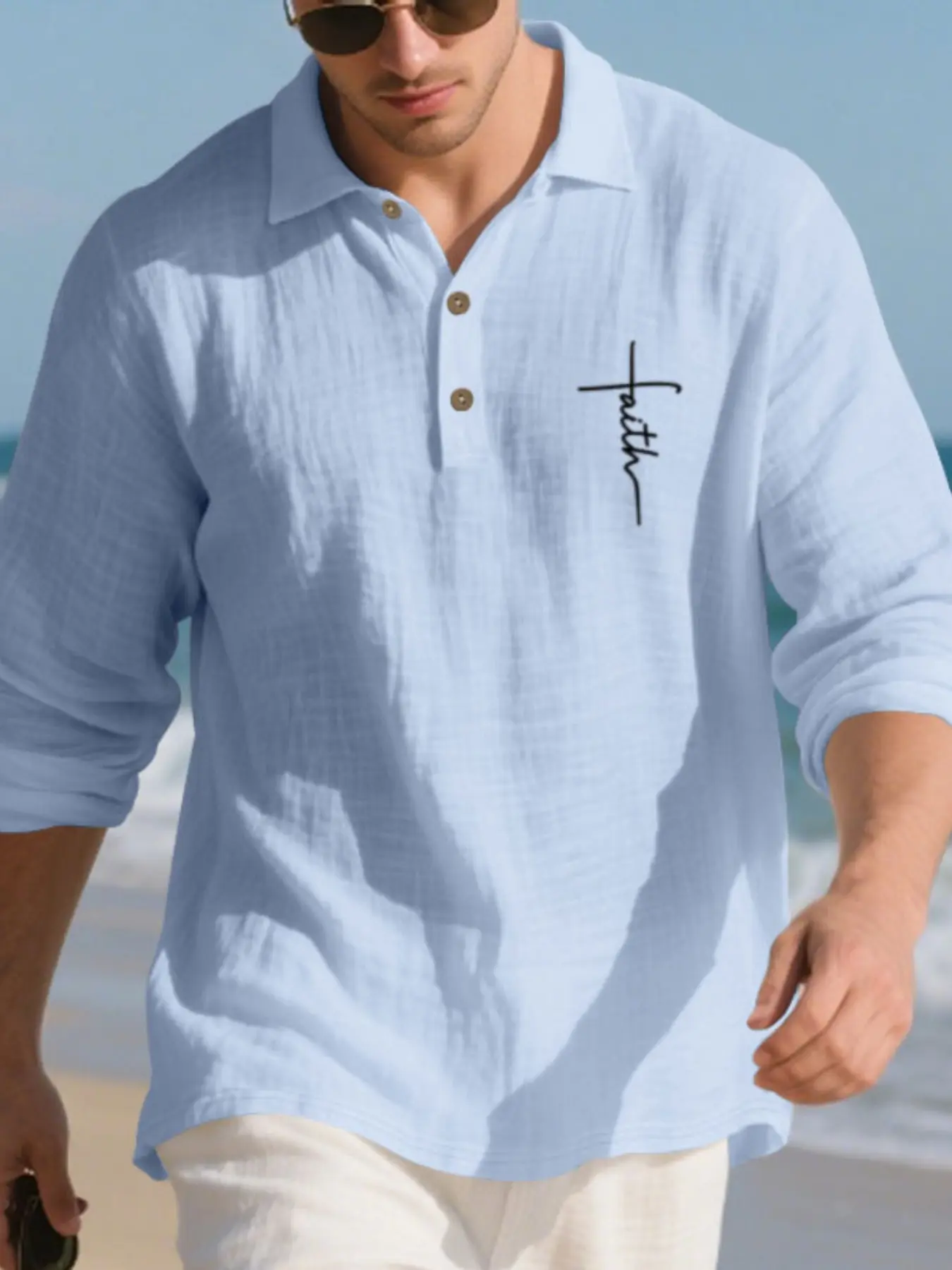 Men's collared long-sleeved linen polo shirt, a simple and business casual style tropical men's casual top with a fashionable letter print design in a loose fit, suitable for daily life, beach vacations, Relaxed Fit, Casual Polo Shirts