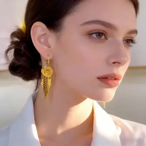 Rose Tassel Earrings 14K Gold Plated Long Drop Earrings French Style Floral Earrings Sparkling Chain Jewelry, Elegant Statement Earrings for Women
