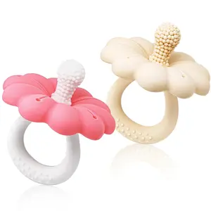 2-Pack Silicone Baby Teether Rings 0-6 mo & 6-12 mo Food-Grade BPA-Free Flower Chew Toys Pink & Caramel