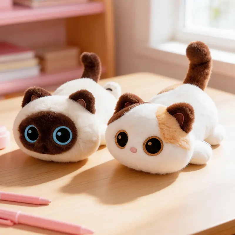 Soft Fufu plush toy — cute kitten with big eyes, curled posture; soothing aesthetic; kitten figurine; desktop stress-relief companion ornament
