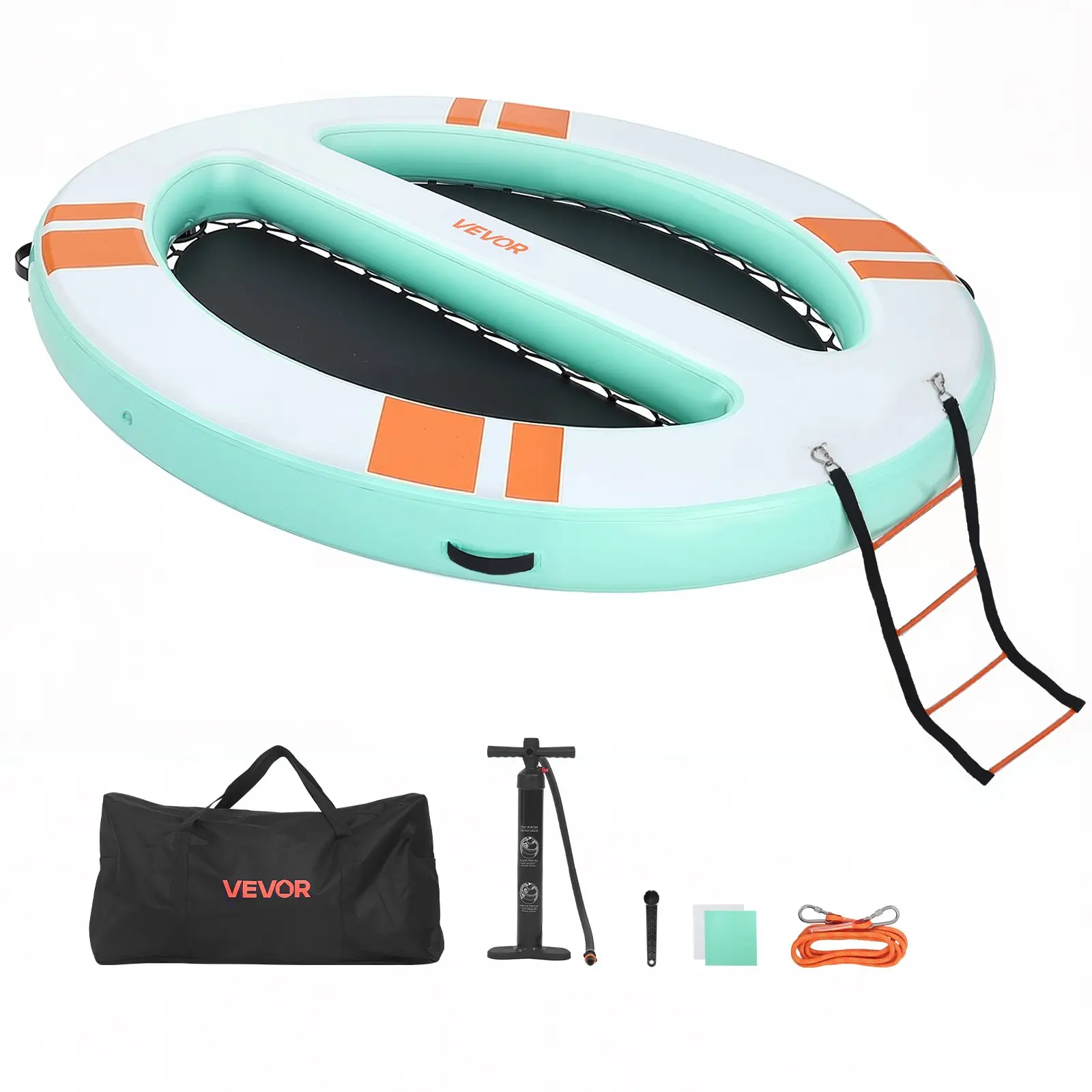 【DealsForYouDays】VEVOR 10x8 FT Round Inflatable Floating Dock Platform, Non-Slip Brushed Fabric Raft (39.7 lbs, Unisex) with Portable Bag, Detachable Ladder, Storage, Easy Anchoring, Simple Inflation for Pool, Beach (Fathersday)