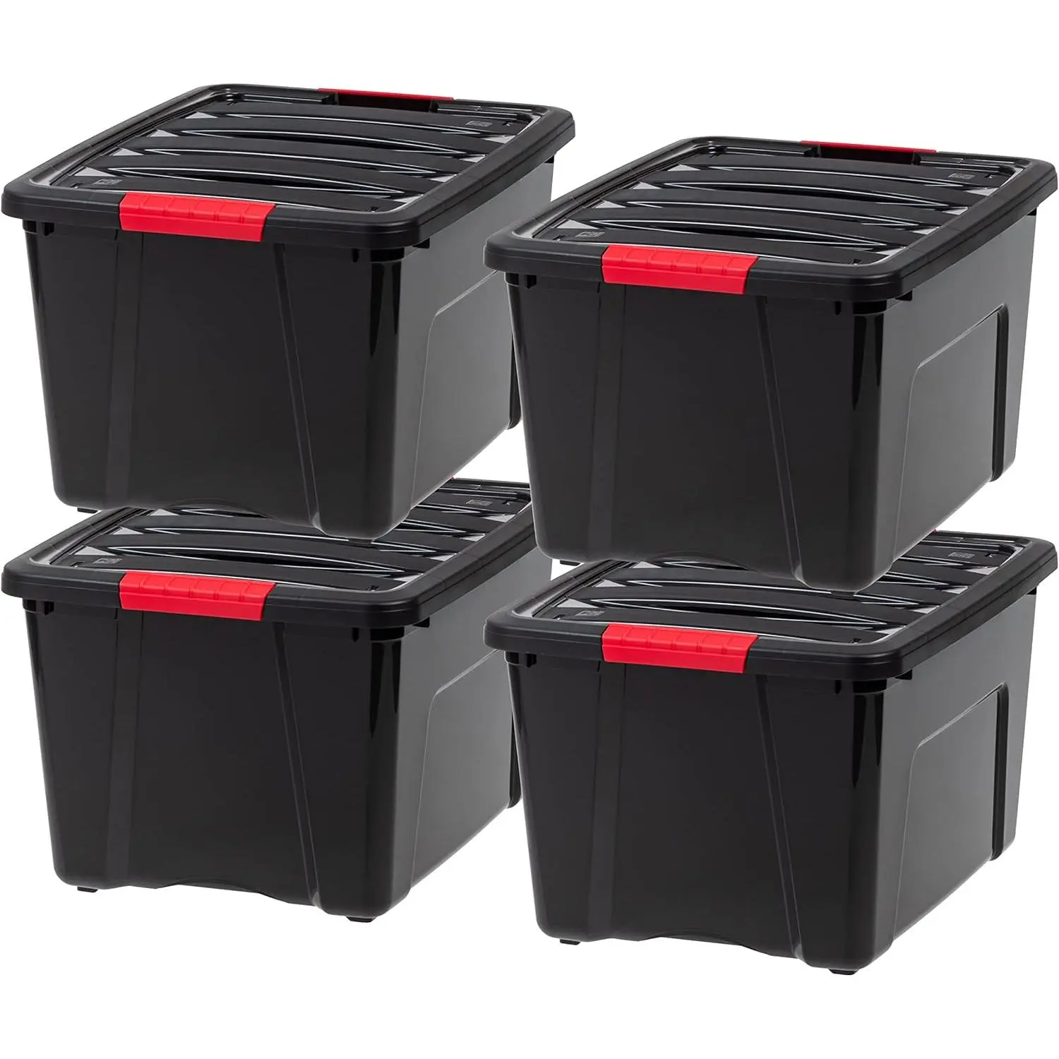 40 Qt Stackable Plastic Storage Bins with Lids, 4 Pack - BPA-Free, Made in USA - Garage Organizing Solution, Latches, Durable Nestable Containers, Secure Pull Handle - Black