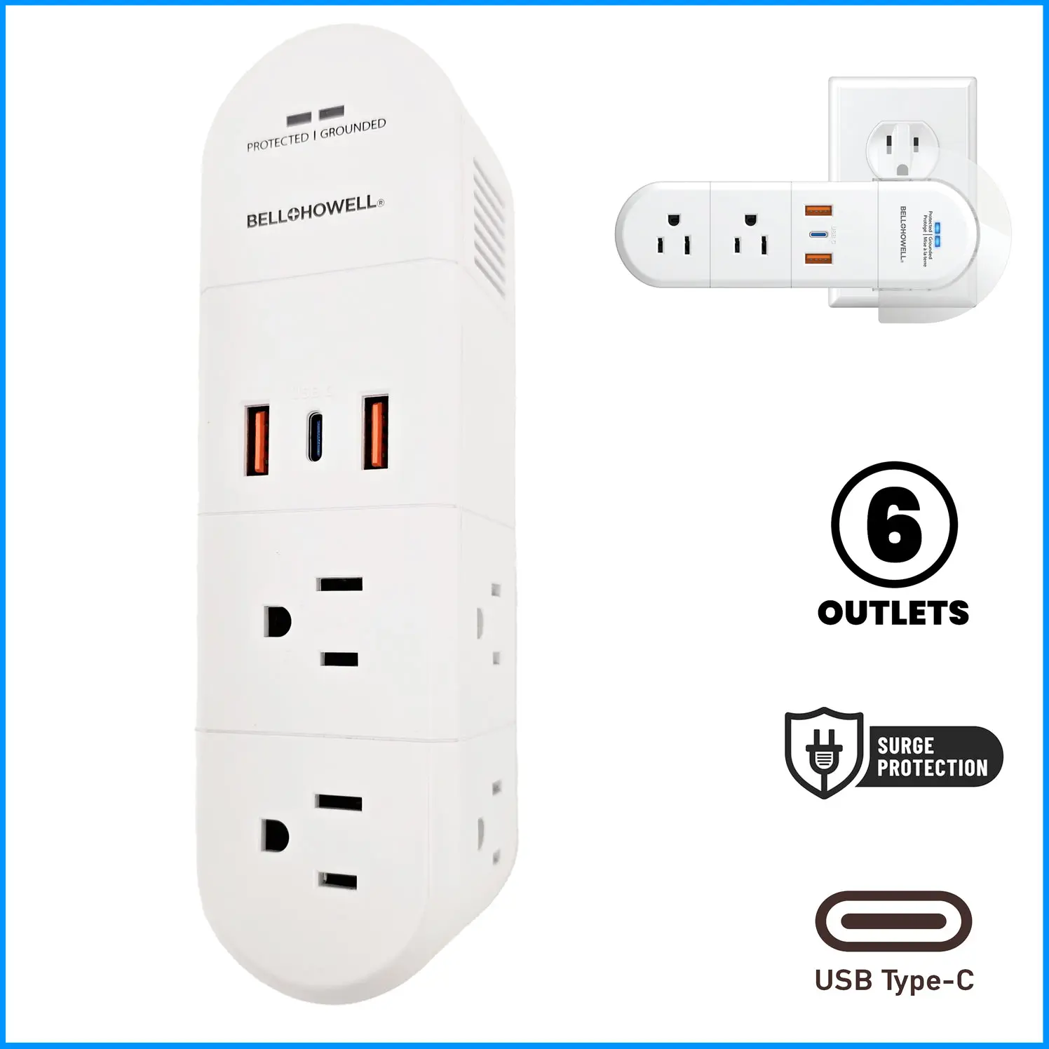 Bell + Howell Swivel Power, Power Strip w/Surge Protection Rapid, Swiveling Charging Station USB Outlet Extender – with Electrical, USB-C, USB-A 125VAC / 60Hz / 10A / 1250WMax, UL STD 498A