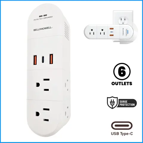 Bell + Howell Swivel Power, Power Strip w/Surge Protection Rapid, Swiveling Charging Station USB Outlet Extender – with Electrical, USB-C, USB-A 125VAC / 60Hz / 10A / 1250WMax, UL STD 498A