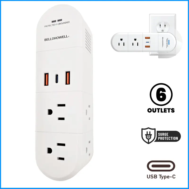 Bell + Howell Swivel Power, Power Strip w/Surge Protection Rapid, Swiveling Charging Station USB Outlet Extender – with Electrical, USB-C, USB-A 125VAC / 60Hz / 10A / 1250WMax, UL STD 498A